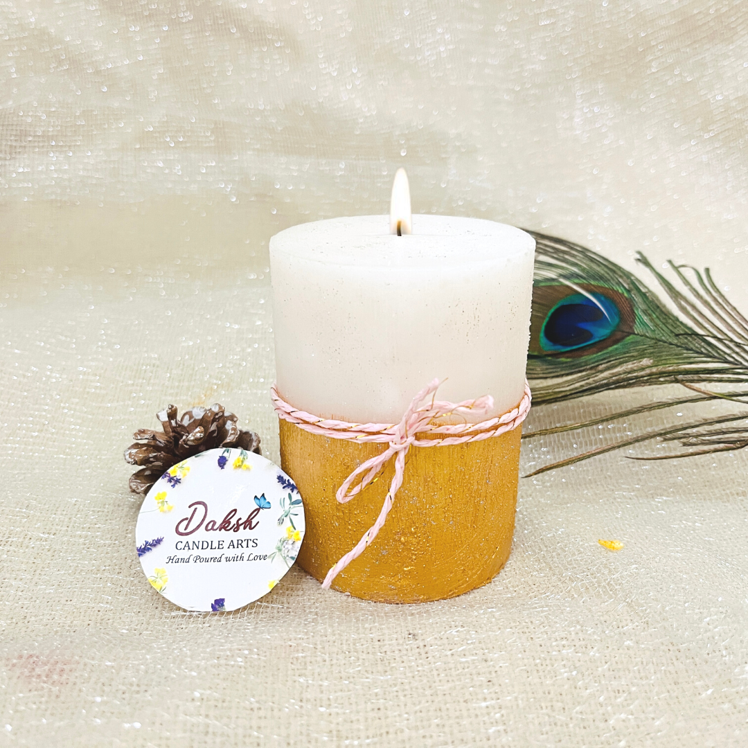 White Golden Pillar Candle Set ( Pack of 1,2 & 3 - Vanilla )