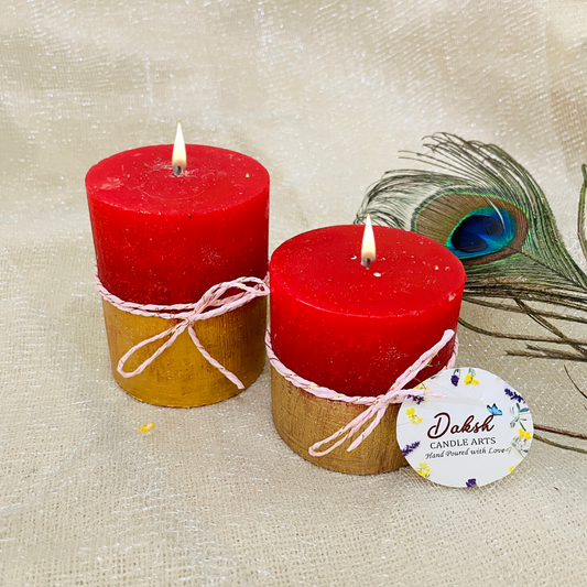 Red Golden Decorative Pillar Candles ( Pack of 1 ,2 & 3-Garden Rose )