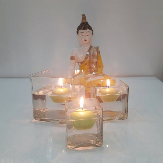 Square Glass Candle Holders , Set of 3 (Free Filler Multicolor Stones & Floating Candles)