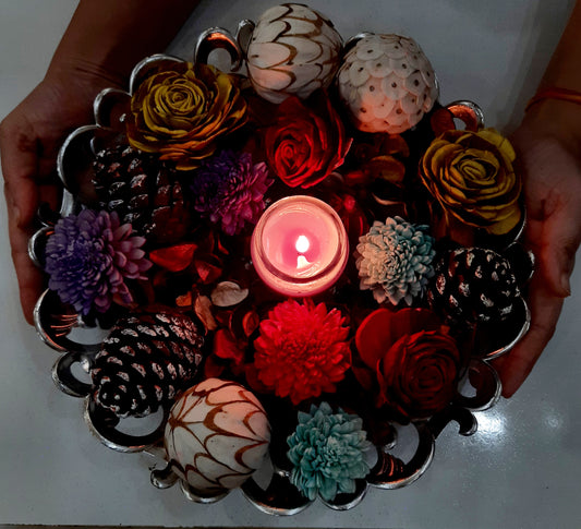 Colorful Natural Dried Flower Basket ( Complementary Large Silver Basket & Scented Candle )