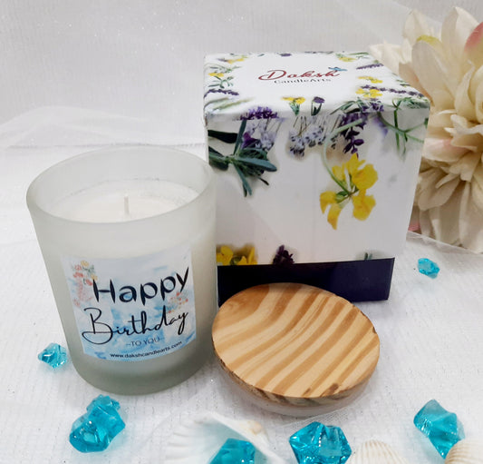 " Happy Birthday" Frosted Scented Soy jar candle in a Gift Box ( Lavender.Sandalwood)