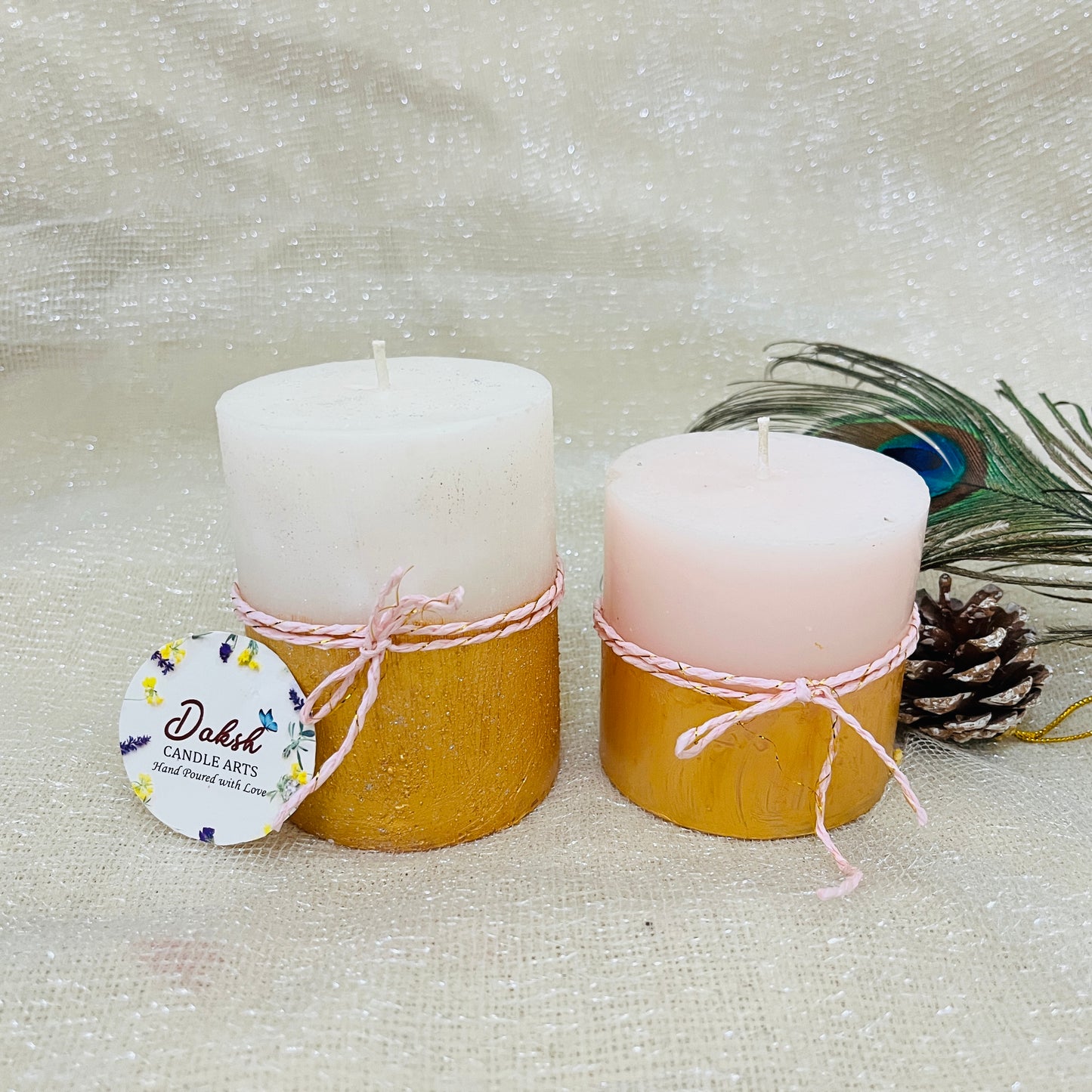 Handpoured White Golden Scented Pillar Candle ( Pack of 2- Vanilla Scented)
