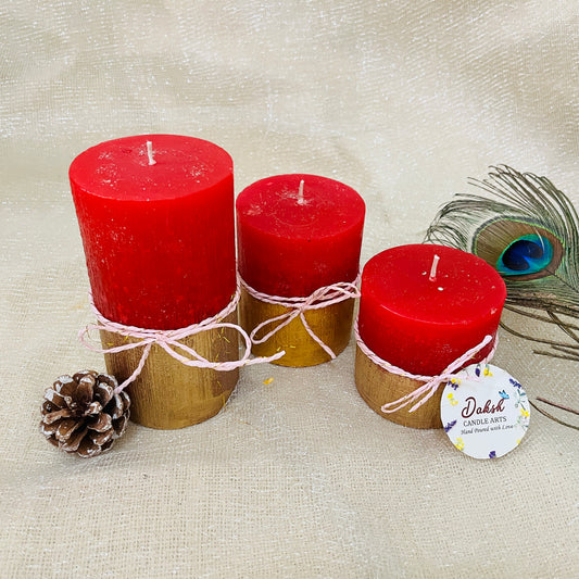 Red Golden Decorative Pillar Candles (Pack of 3 - Garden Rose Scented)