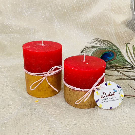 Red Golden Decorative Scented Pillar Candle (Pack of 2- Garden Rose)