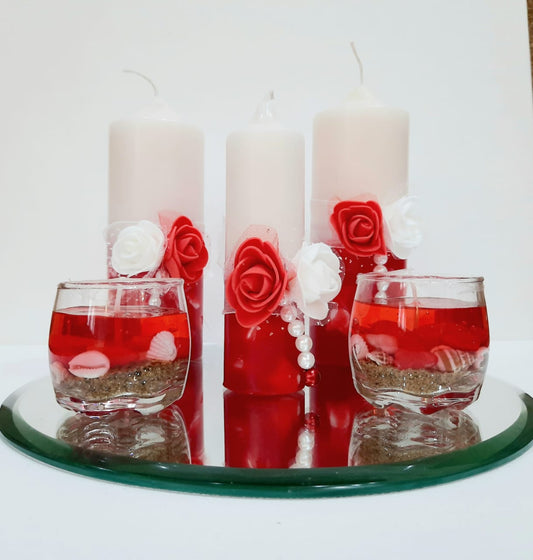 Beautifully hand designed Red & White Pillar Candles( Floral Scented , Set of 5 )