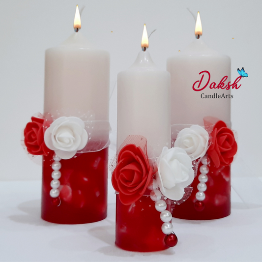 Decorative  Red & White Pillar Candles Set  ( Fantasia Floral Scented, Set of 3)