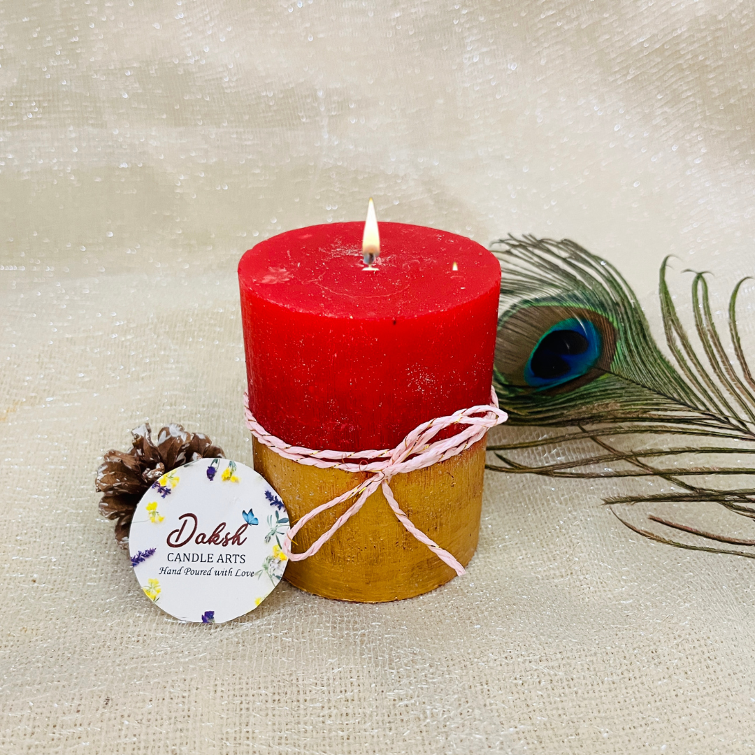 Red Golden Decorative Pillar Candles ( Pack of 1 ,2 & 3-Garden Rose )