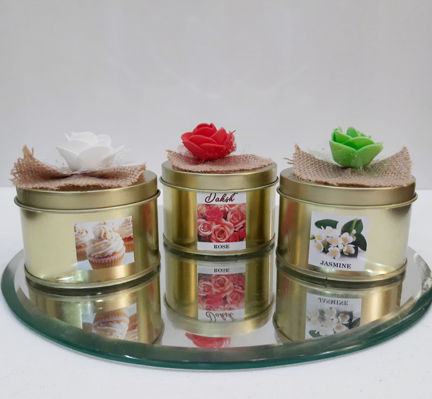 Premium Soy Wax Golden Tin Jar candles Gift Pack of 3 - Rose, Jasmine & Vanilla