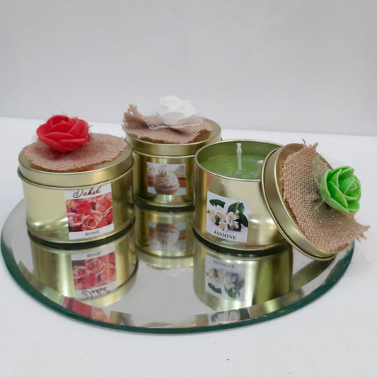 Premium Soy Wax Golden Tin Jar candles Gift Pack of 3 - Rose, Jasmine & Vanilla