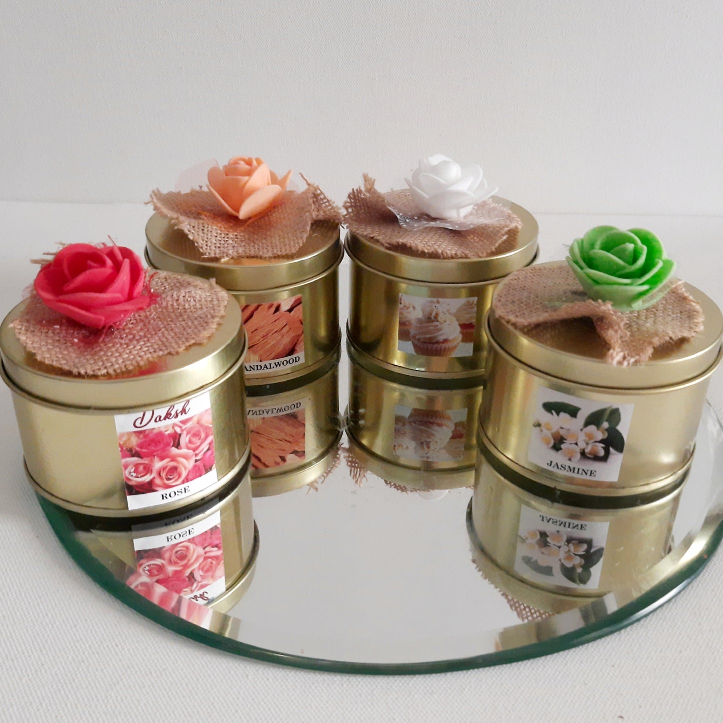 Premium Soy Wax Golden Tin Jar candles Gift Pack of 4 -Rose , Jasmine , Sandalwood & Vanilla