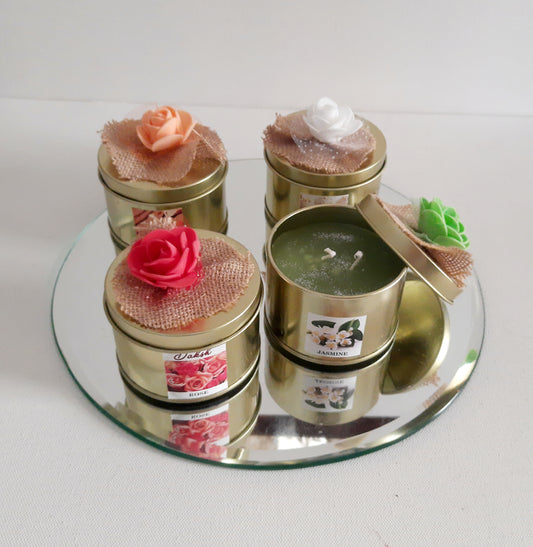 Premium Soy Wax Golden Tin Jar candles Gift Pack of 4 -Rose , Jasmine , Sandalwood & Vanilla