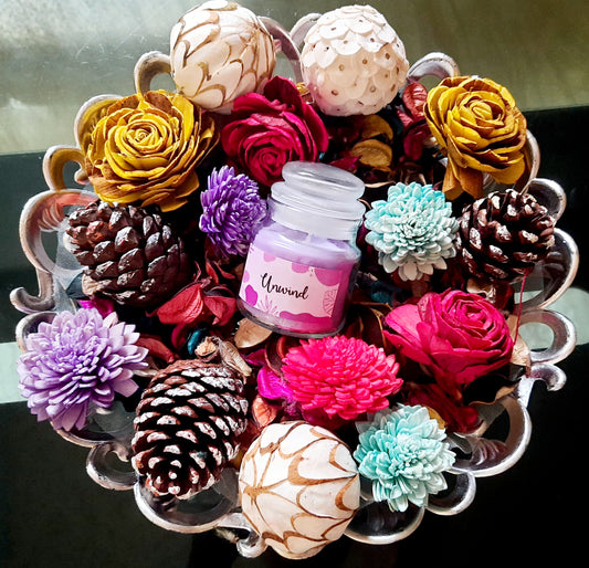 Colorful Natural Dried Flower Basket ( Complementary Large Silver Basket & Scented Candle )