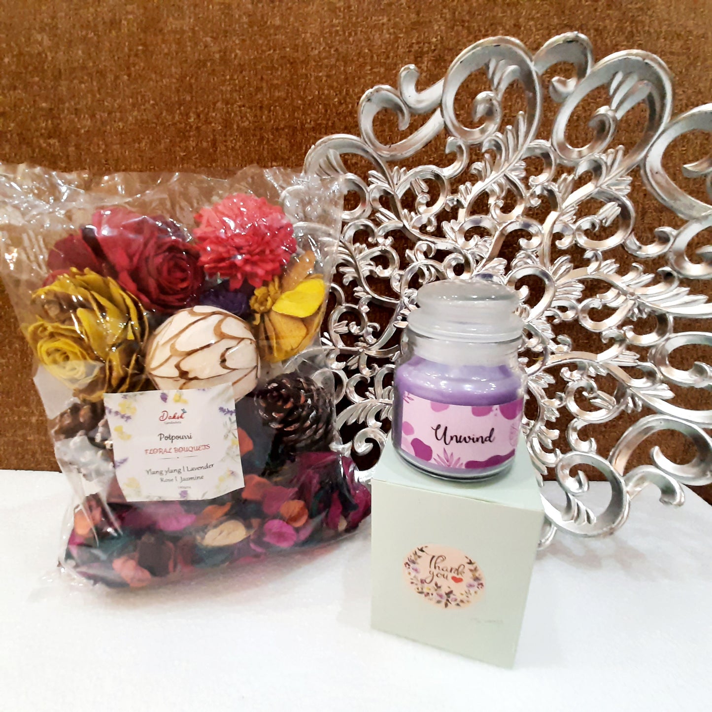Colorful Natural Dried Flower Basket ( Complementary Large Silver Basket & Scented Candle )