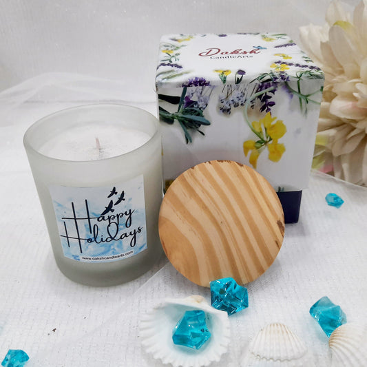 " Happy Holidays " Frosted Scented jar Candle in a Gift Box ( Lavender Vanilla)
