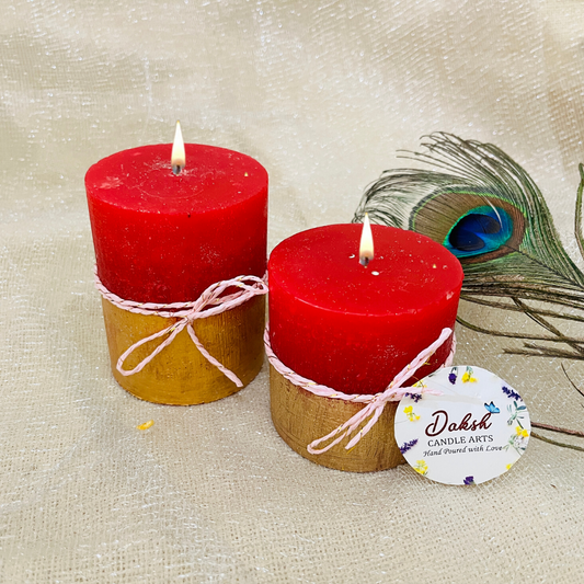 Handpoured Red Golden Decorative Scented Pillar Candle (Pack of 2- Garden Rose)