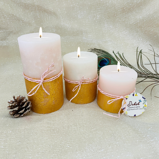 Handpoured Decorative white Golden Pillar Candles ( Pack of 3 - Vanilla Scented )