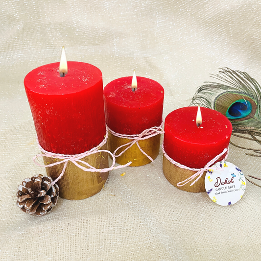 Handpoured Red Golden Decorative Pillar Candles (Pack of 3 - Garden Rose Scented)