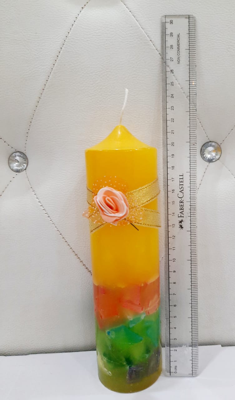 Beautifully hand designed Yellow Multi  color pillar candles set of 4 ( Floral Scented)