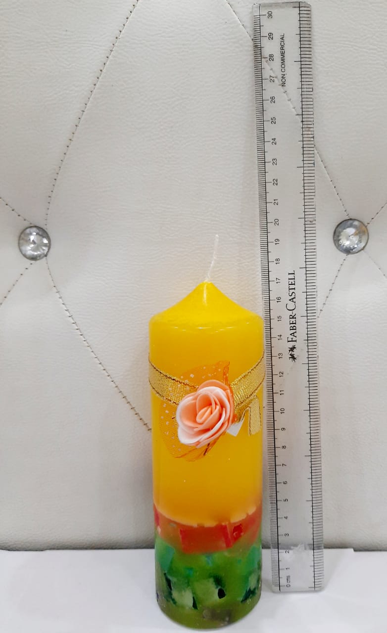 Beautifully hand designed Yellow Multi  color pillar candles set of 4 ( Floral Scented)