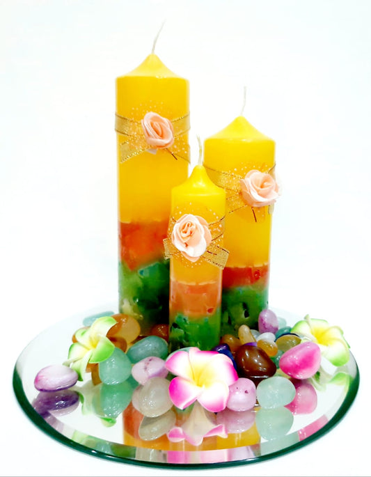 Beautifully hand designed Multi color pillar candles set of 3 ( Floral Scented)