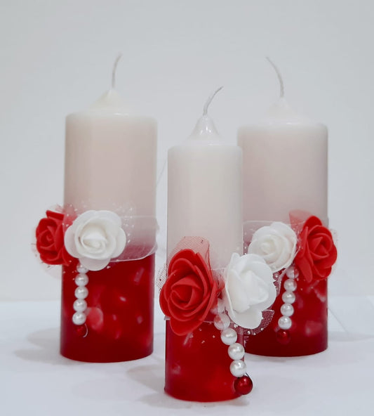 Beautifully hand Designed  Red & White Pillar Candles  ( Floral Scented, Set of 3)