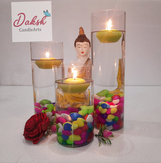 Cylindrical Glass Candle Holders Set of 3 ( Free Filler stones & Floating candles )