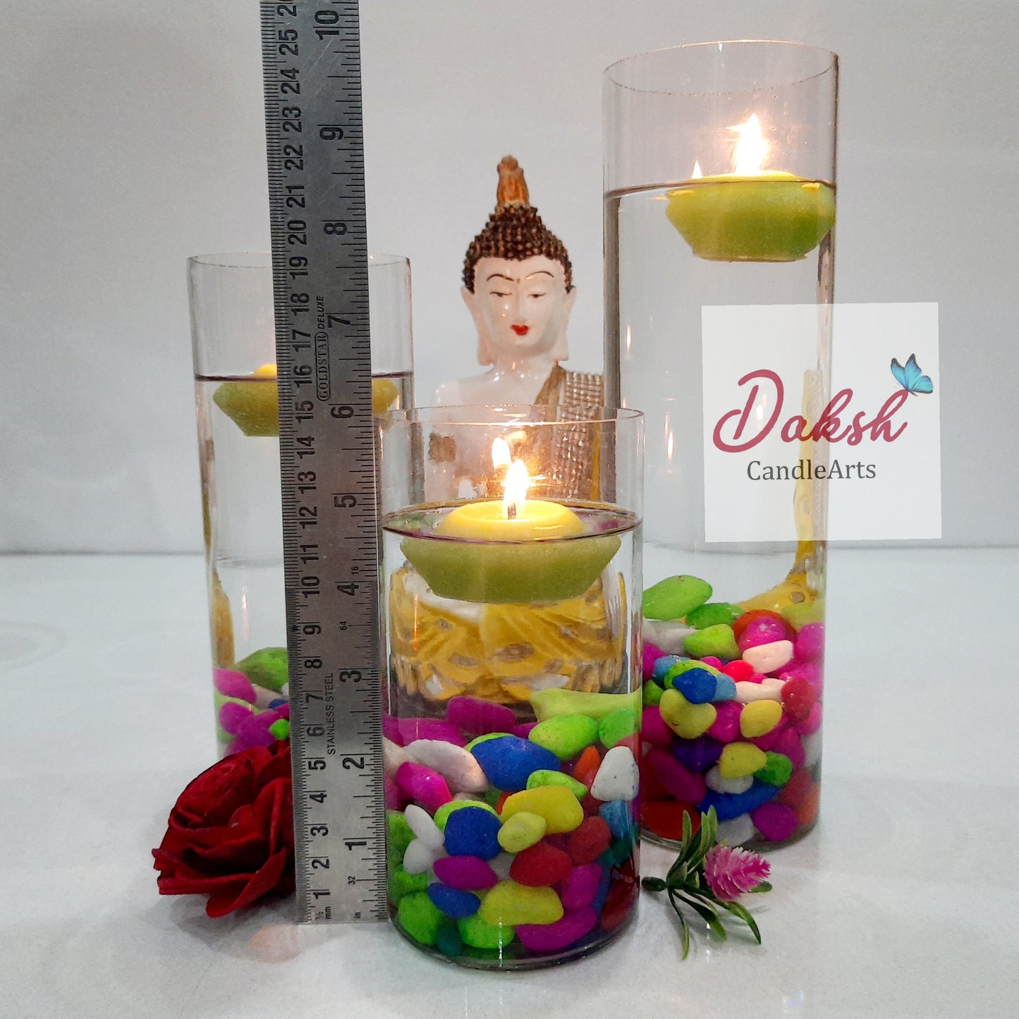 Cylindrical Glass Candle Holders Set of 3 ( Free Filler stones & Floating candles )