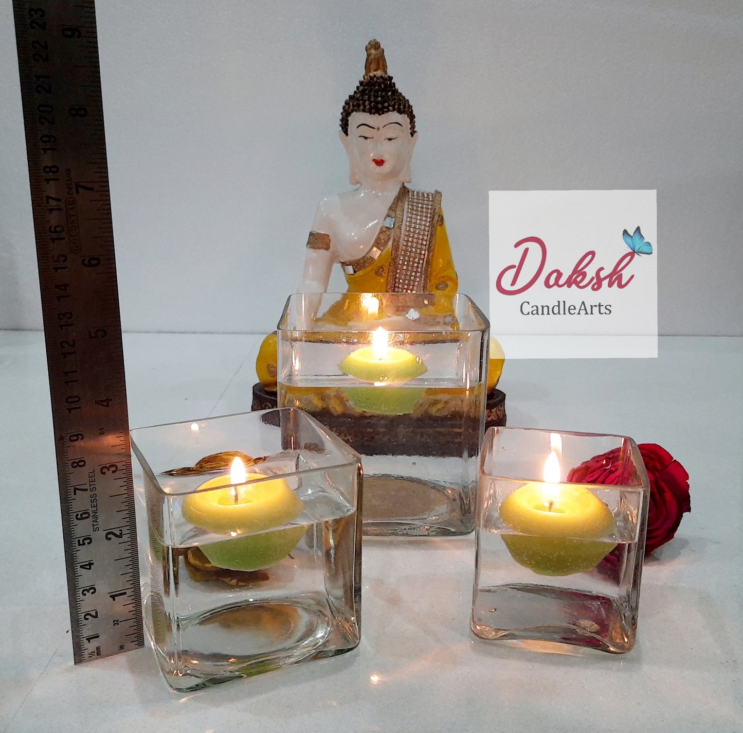 Square Glass Candle Holders , Set of 3 (Free Filler Multicolor Stones & Floating Candles)