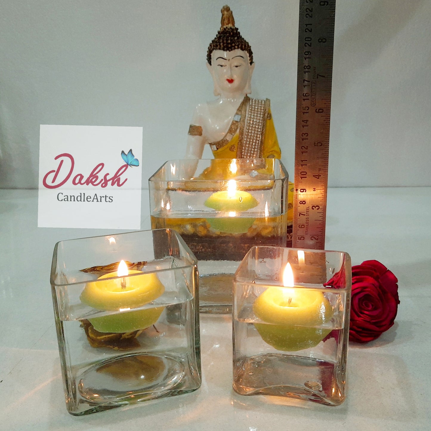 Square Glass Candle Holders , Set of 3 (Free Filler Multicolor Stones & Floating Candles)