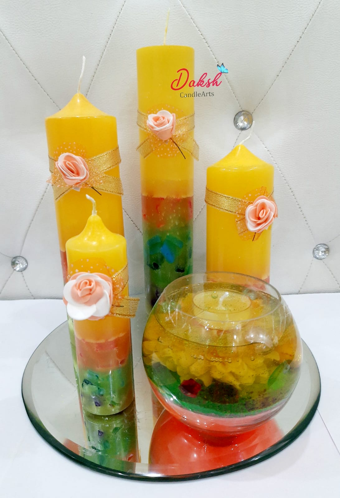 Beautifully hand designed Yellow Multi color pillar candles set of 5 ( Floral Scented)