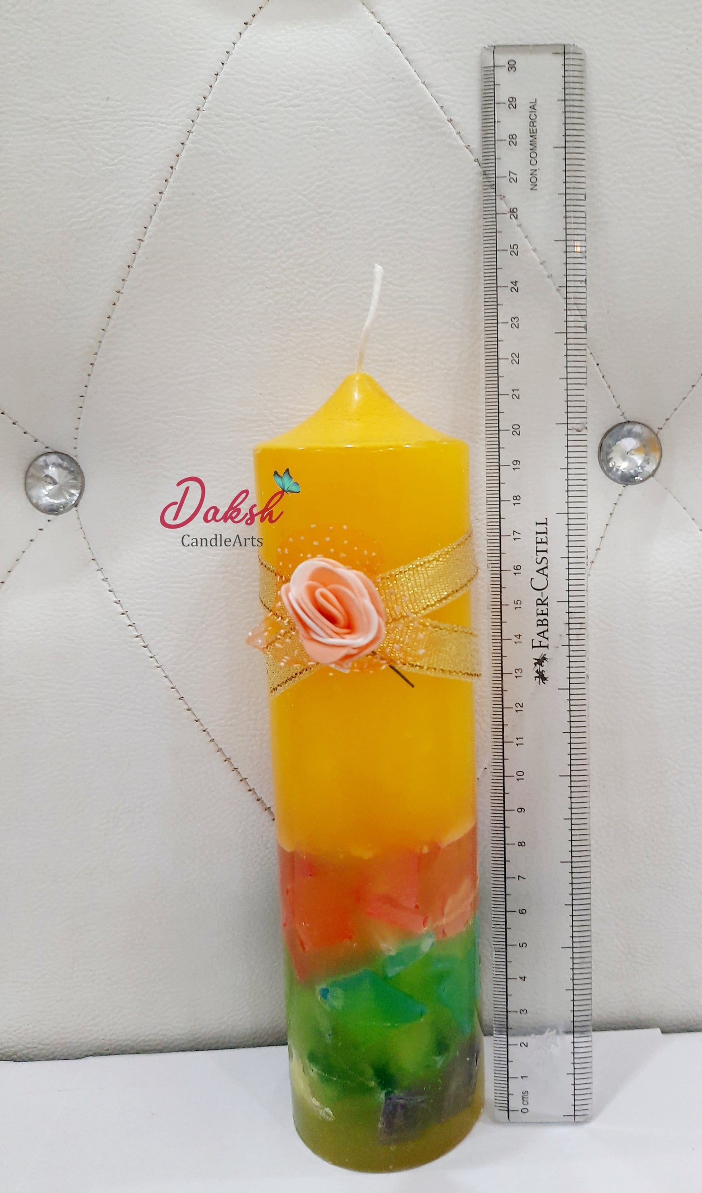 Beautifully hand designed Yellow Multi color pillar candles set of 5 ( Floral Scented)